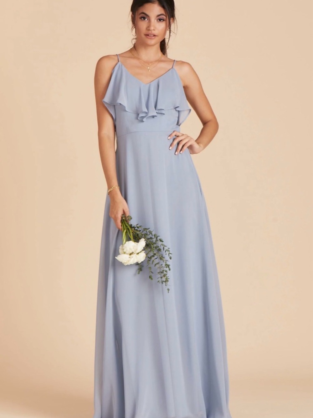 Size S Birdy Grey Blue Jane Chiffon Maxi Flutter Ruffle A Line Bridesmaid Dress